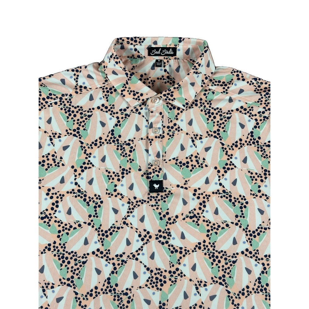 Bad Birdie Angel Fish Polo Golf Shirt Mens M  Spotted Geometric Peach Green